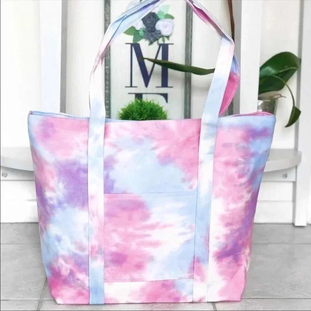 Pastel Tie Dye Tote Bag | Large Canvas Beach Travel Shoulder Bag